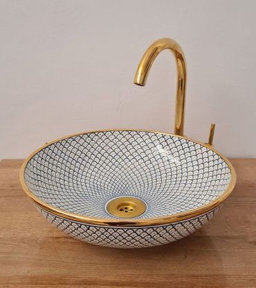 Picture of 14 Karat Gold & Ceramic Bathroom Vessel - 14k Gold Rim Bathroom Sink - Countertop Handmade Basin - Fish Scales Design