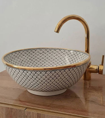 Picture of 14 Karat Gold & Fish Scales Washbasin Ceramic Bathroom Vessel - CUSTOMIZABLE 14k Gold Rim Bathroom Sink - Guest's Room Vanity Vessel Sink